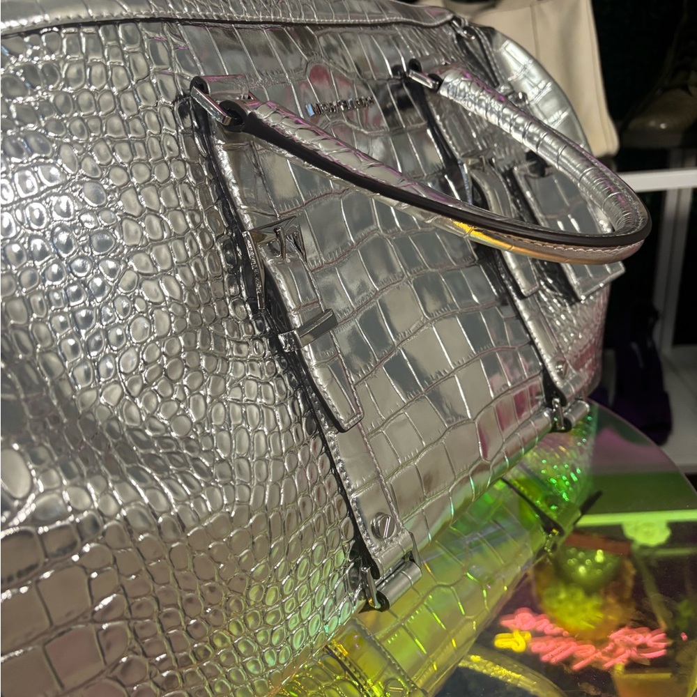 Michael Kors Silver Crocodile Embossed Duffel Bag NWT - Picture 7 of 16